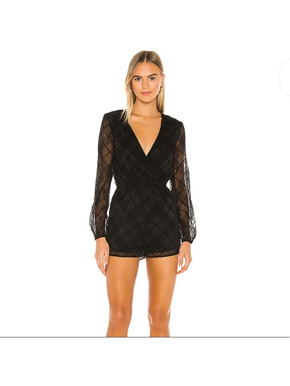 superdown Black Sheer Plaid V-Neck Long Sleeve Romper Dress